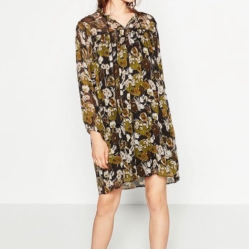 Zara Black Sheer Floral Long Sleeve Flowy Oversized  Mini Dress Size XS